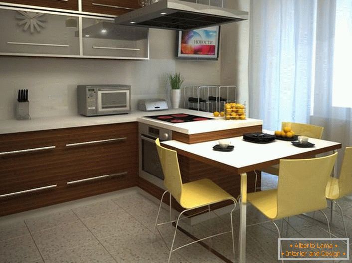 Proyecto de diseño para un área de cocina de 12 metros cuadrados. La variante de mobiliario elegida correctamente permite ahorrar espacio útil.