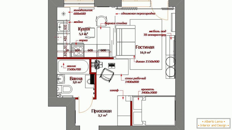 El diseño de un pequeño apartamento con muebles