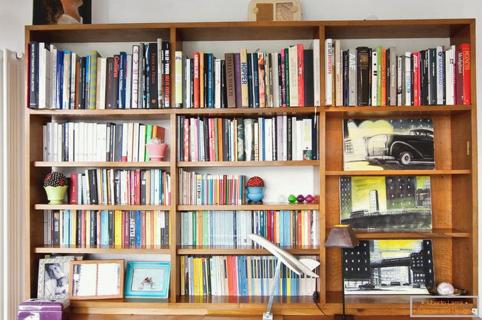 Un estante con una gran cantidad de libros y artículos pequeños