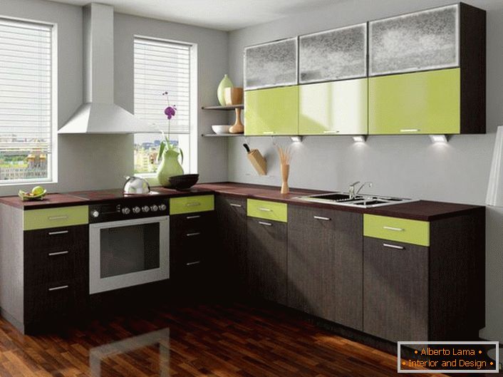 El color del wenge se combina con éxito con un color verde pálido. Esta armonía de color se adapta con éxito para decorar la cocina.