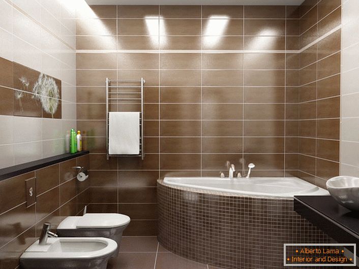 Para la decoración del baño en estilo moderno, se utilizó un panel con un diente de león. Detalle interior sencillo y sin complicaciones en un estilo moderno. 