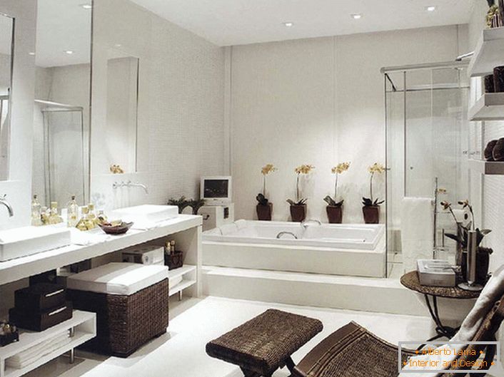 Lujoso baño en el estilo Art Nouveau. A pesar de la cuadratura suficiente, los muebles para el baño se seleccionan espaciosos y funcionales. 