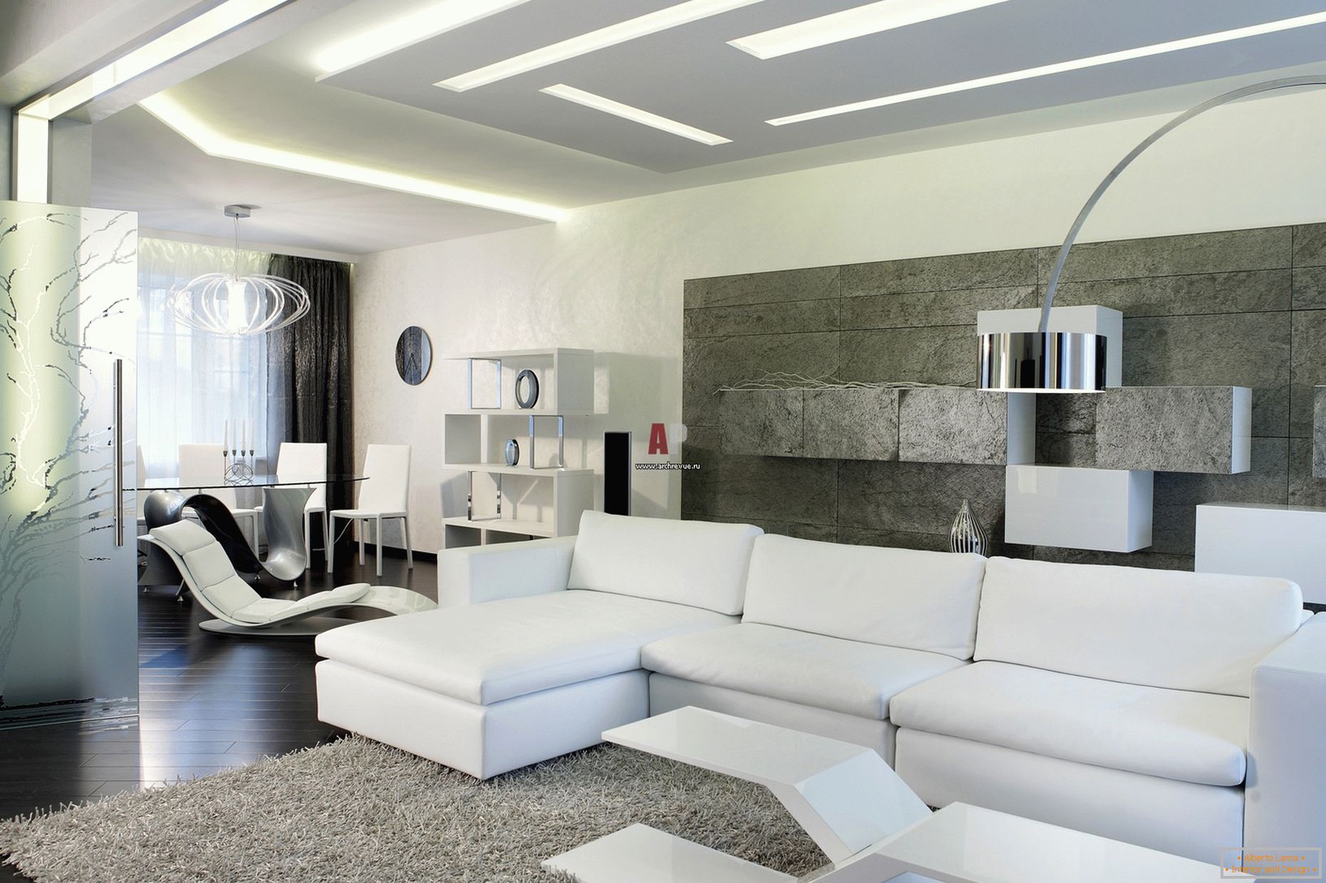El interior blanco de los huéspedes de la habitación en un estilo minimalista es notable por un diseño moderno y audaz con toques de alta tecnología.