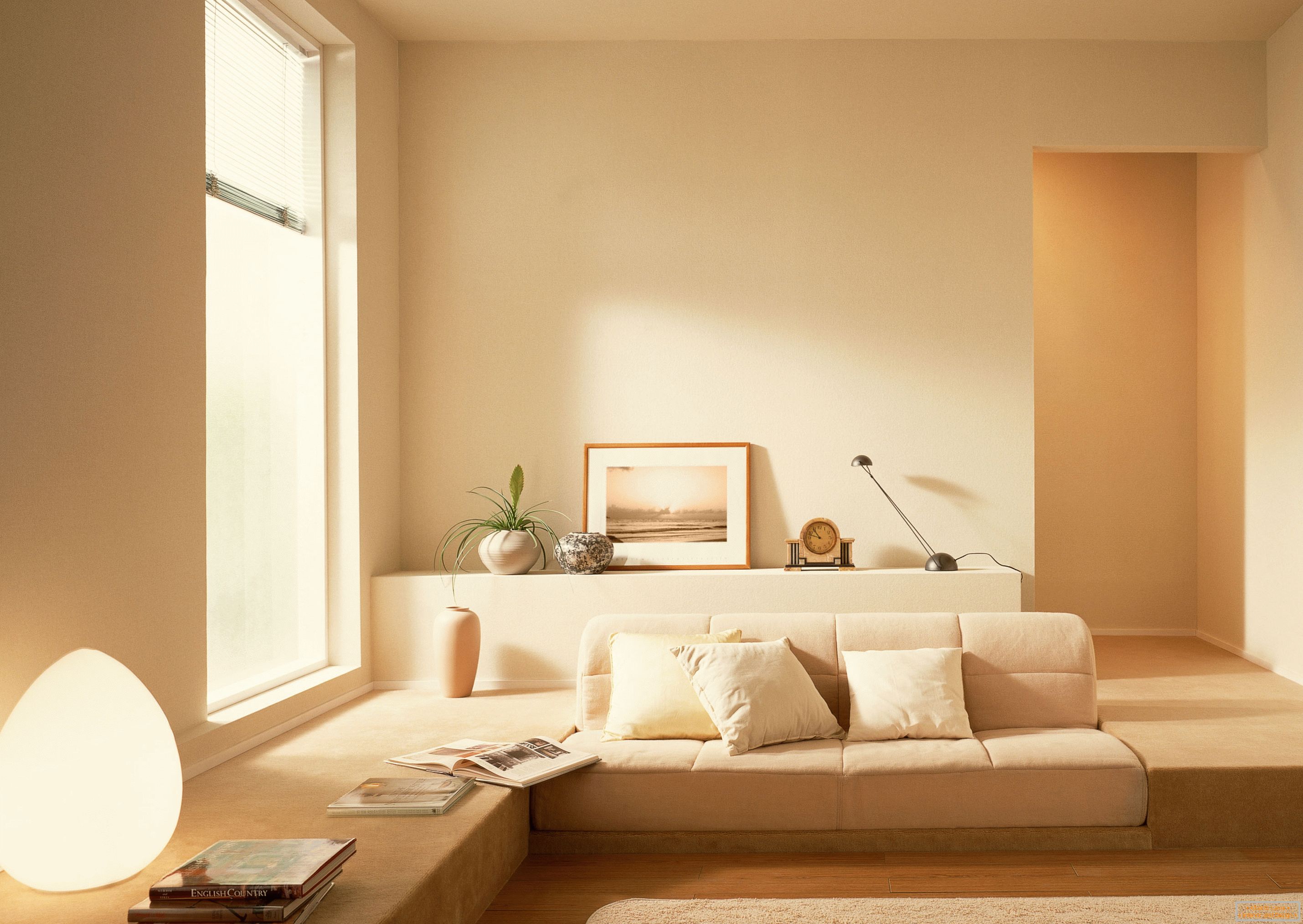 De acuerdo con el estilo del minimalismo, se utilizó un tono beige tranquilo para organizar el interior de la sala de estar.