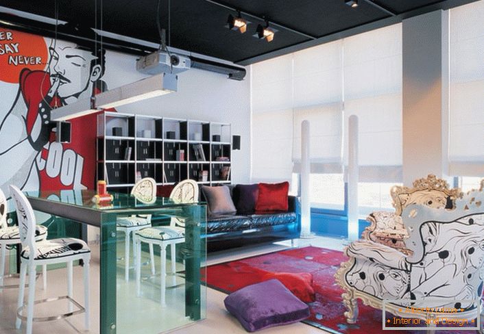 Sala de estar de Paphos en el estilo del eclecticismo para una chica excéntrica y a la moda. 