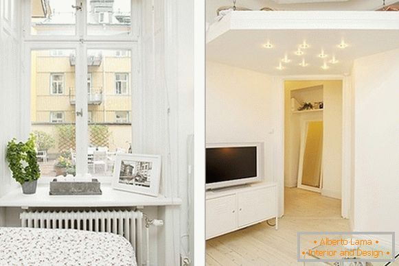 Interior de un cómodo dormitorio y sala de estar en Suecia