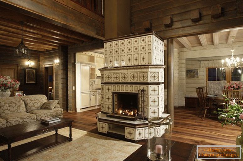 Sala de estar con chimenea en estilo mosaico