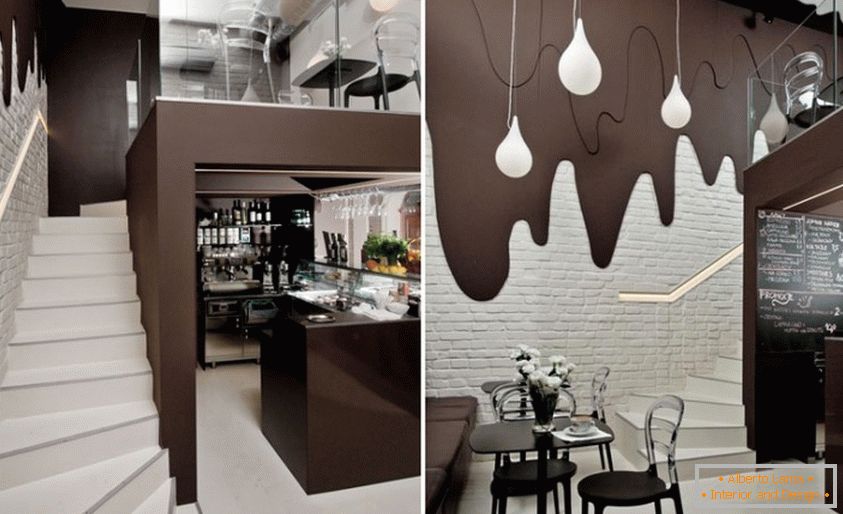 Café interior con paredes de chocolate con manchas