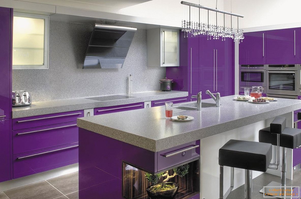 Elegante cocina púrpura с обеденной зоной