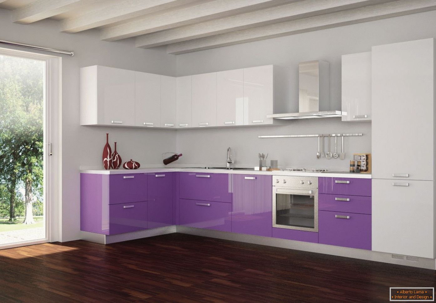 Púrpura y blanco en el diseño de la cocina