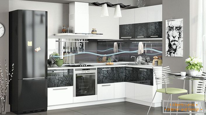 La cocina moderna está decorada con una unidad de cocina modular. El conjunto de esquinas le permite ahorrar espacio.