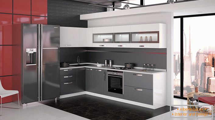 Muebles modulares en la cocina en el estilo de alta tecnología. Una solución exitosa para organizar el espacio de la cocina. 