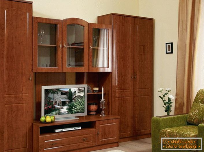 Pared para sala de estar en estilo clásico. Los muebles modulares de color marrón claro son espaciosos y prácticos. 