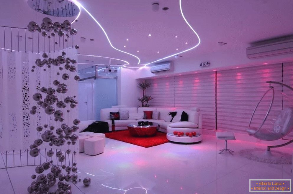 Interior en el estilo del futurismo в светлых тонах с цветной подсветкой