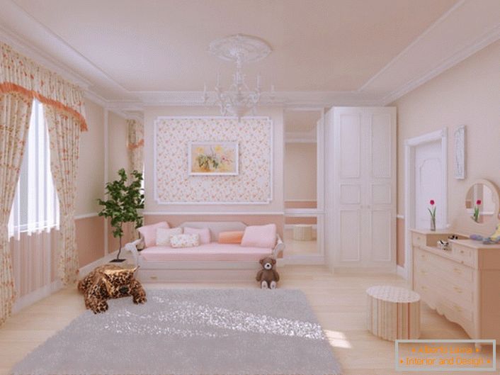 La bonita habitación infantil está decorada en estilo rústico. Para la decoración también se utiliza estuco de poliuretano. 