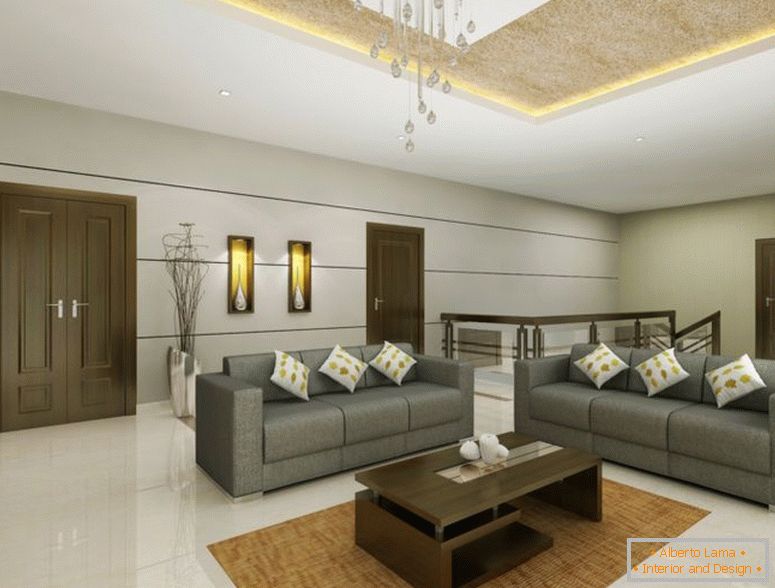 simple-living-room-design-ideas-with-gray-color-sofas-and-unique-shape-brown-wood-coffee-table-also-plush-carpet-and-white-ceramics-floor-also-raindrop- candelabro de cristal-como-bueno-como-hogar-decoración