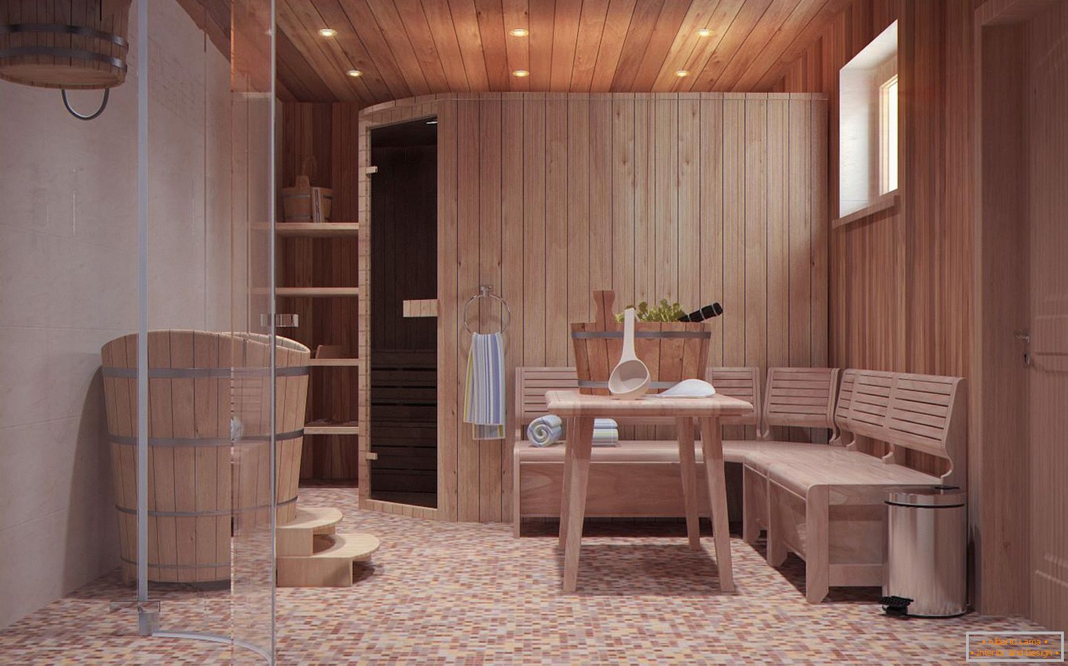 Una sala de relajación en una casa de baños de estilo escandinavo