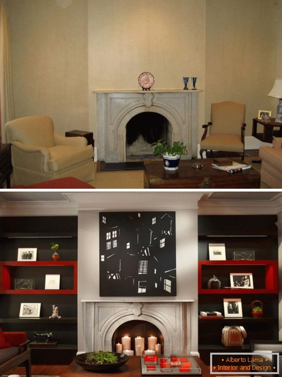 Diseño de la sala de estar con chimenea antes y después
