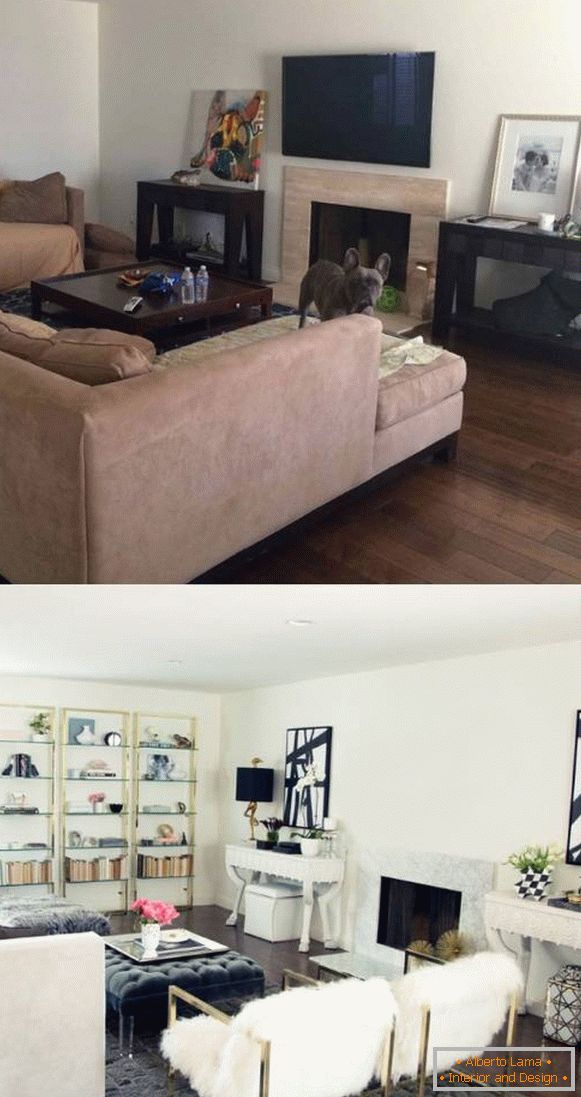 Interiores de la sala de una casa privada antes y después