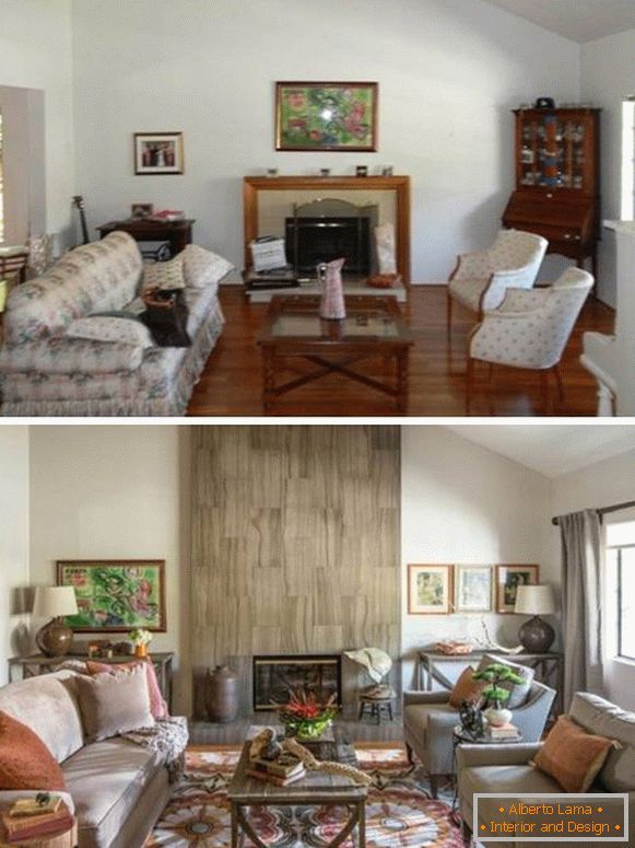 Acogedora sala de estar con chimenea interior diseño foto antes y después