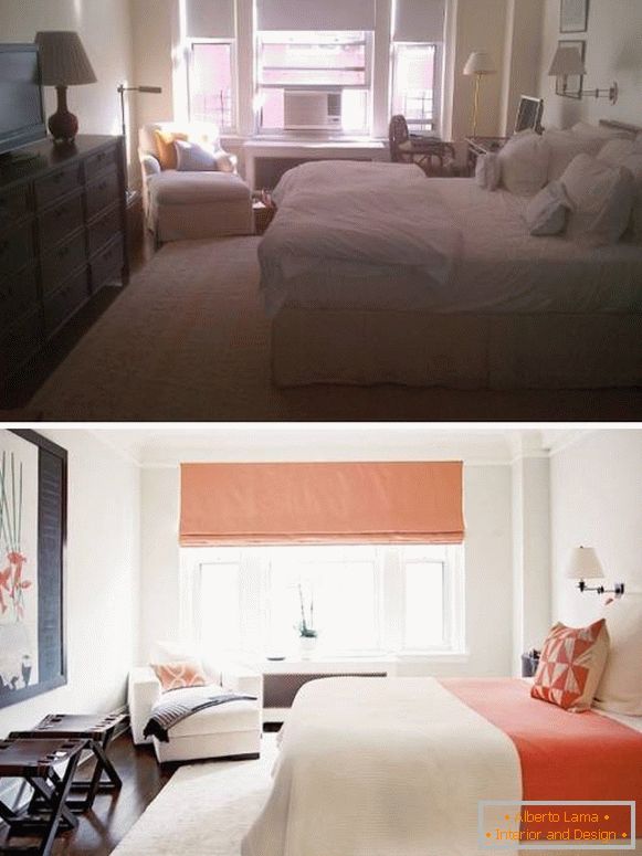 Nuevo diseño de dormitorio brillante antes y después de las fotos
