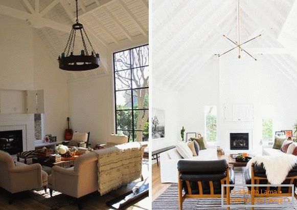 Nuevo diseño interior de una casa privada: una sala de estar antes y después