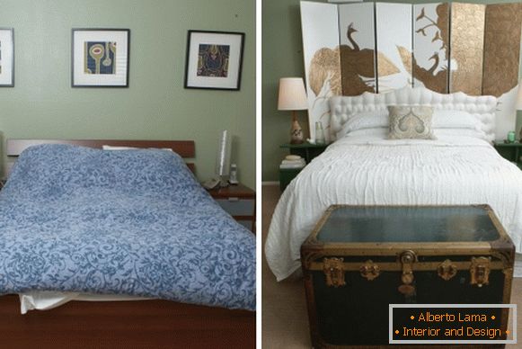 Interior de un dormitorio en una casa privada antes y después de las reparaciones