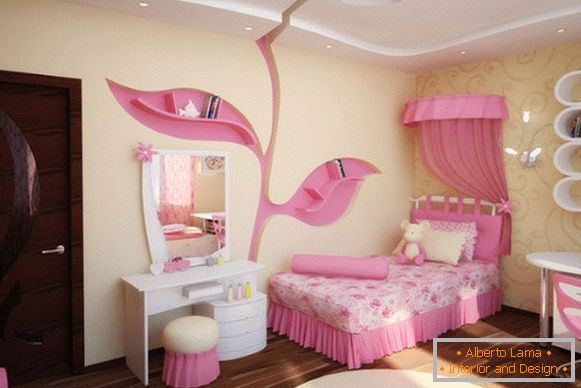 interior de la habitación de los niños para una niña en tonos amarillos y rosados