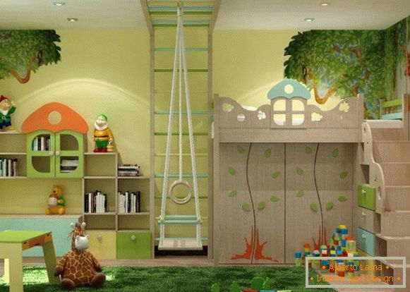 interior con un tema natural de una habitación infantil para una niña de 3 años