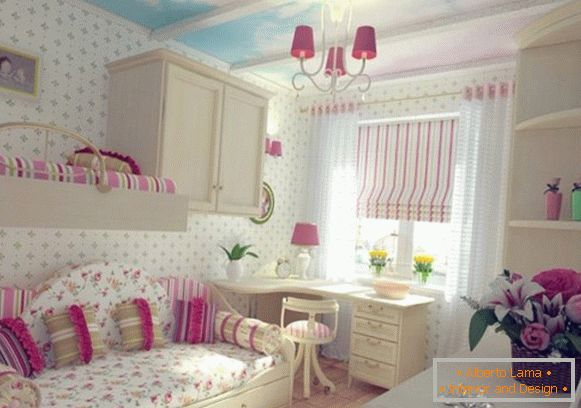 interior con fondo blanco y cielo azul para una habitación infantil para dos niñas