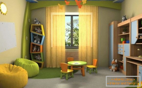 interior de la habitación de los niños en colores naturales para una niña