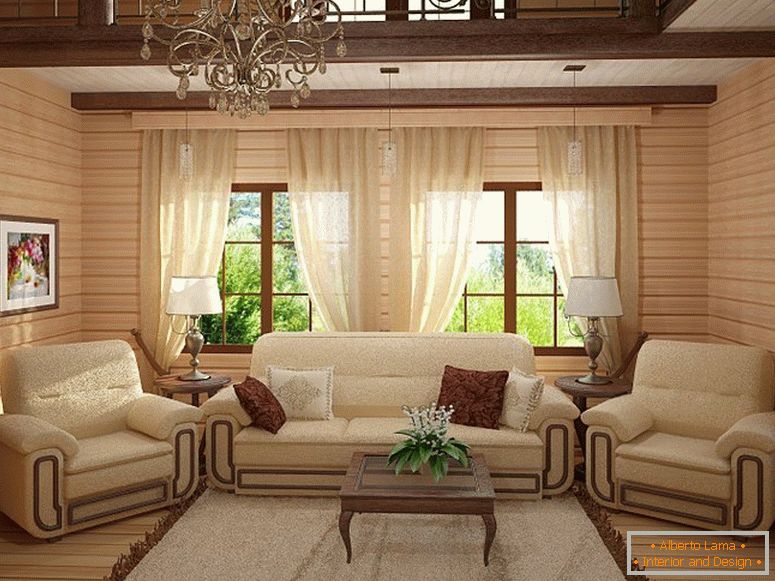 Sala de estar en una casa de madera