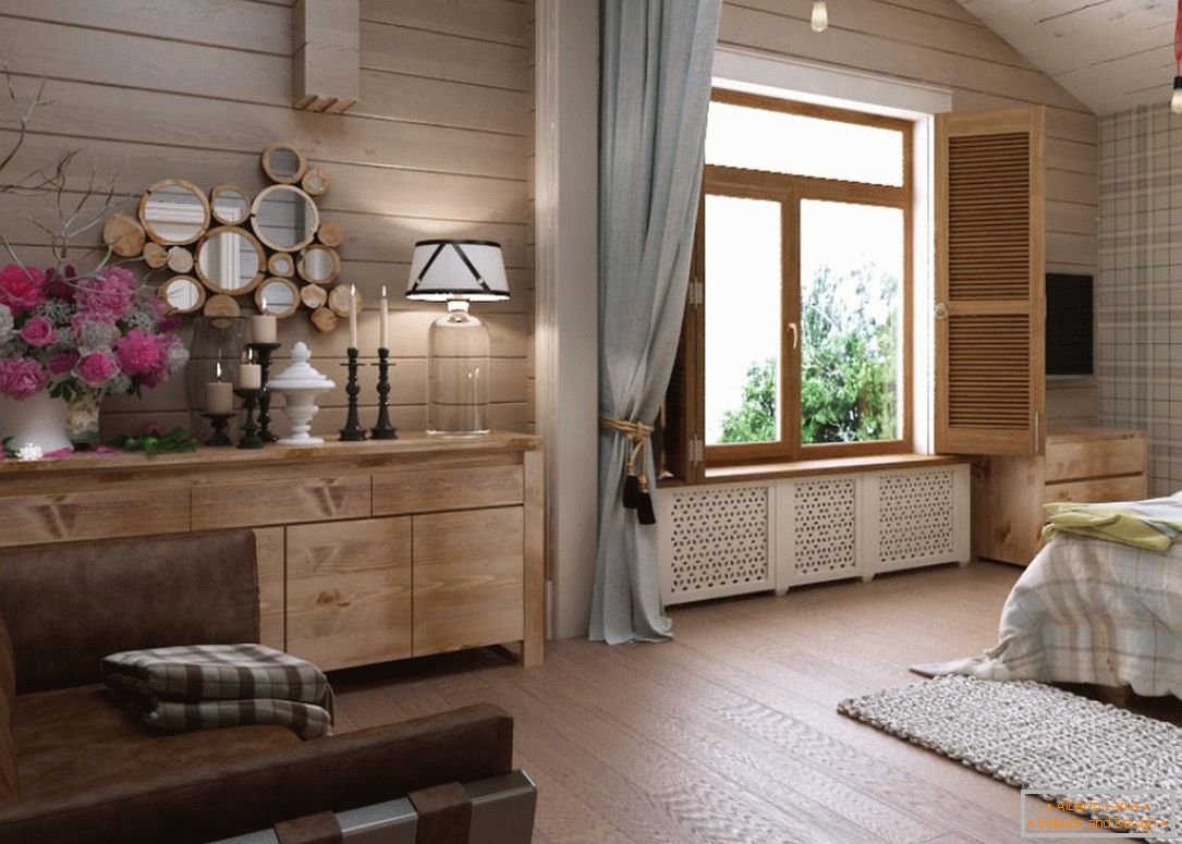Dormitorio en una casa hecha de madera
