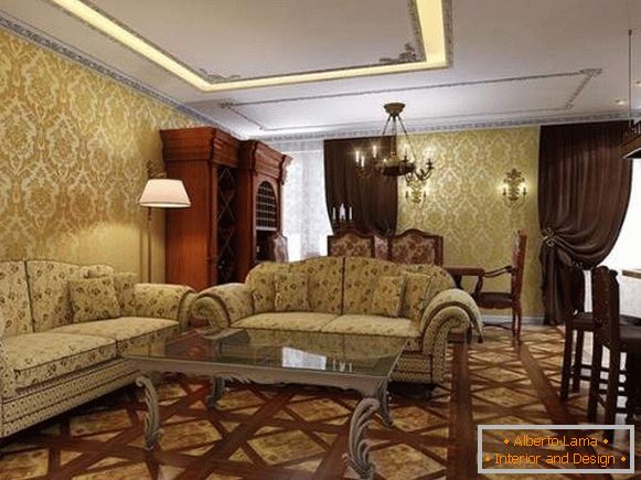 Diseño interior de la sala de estar en una casa privada en un estilo clásico - selección de fotos