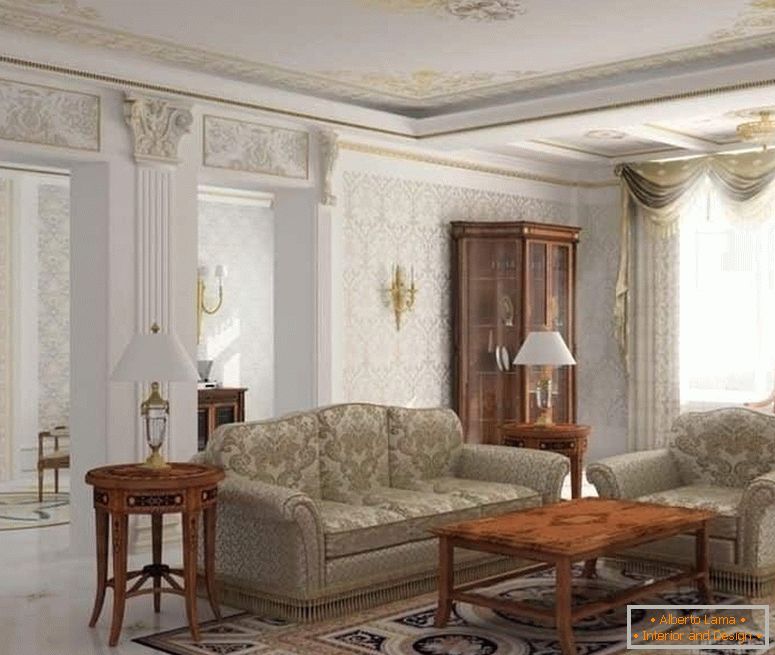 Lámparas de mesa, apliques en el diseño de la sala de estar en un estilo clásico