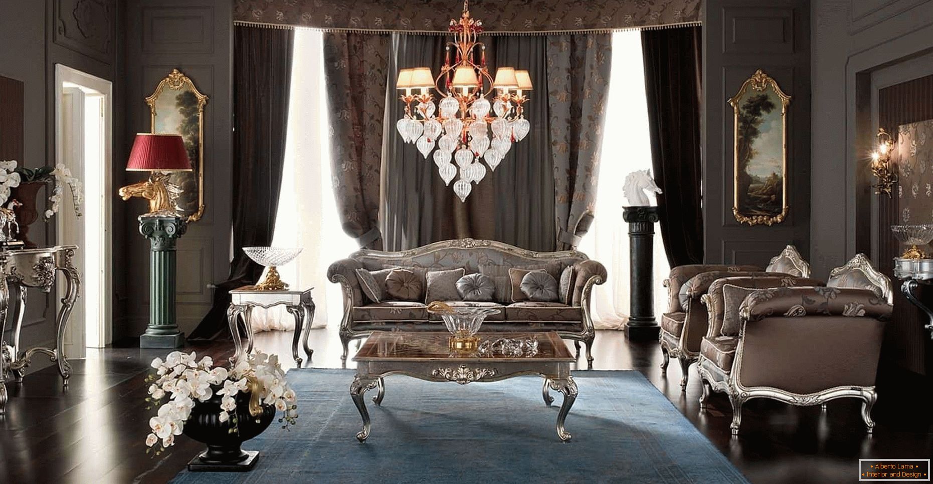 El diseño de la sala de estar en un color oscuro en un estilo clásico