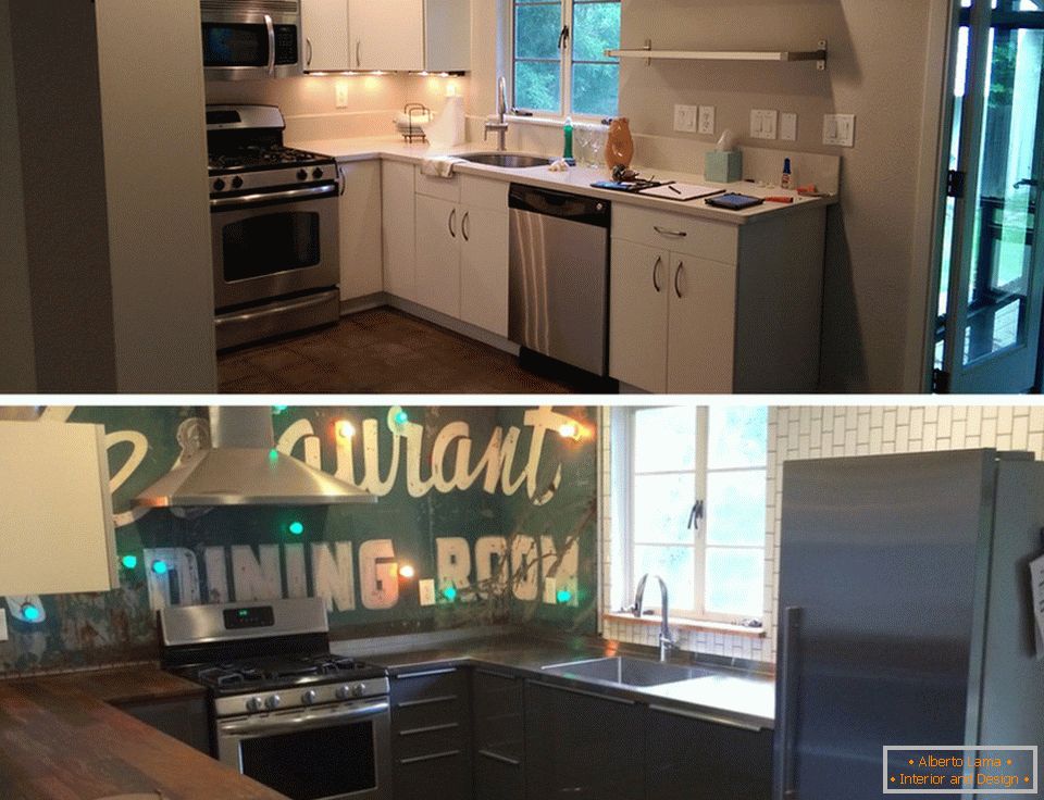 Interior de una pequeña cocina antes y después de la reparación