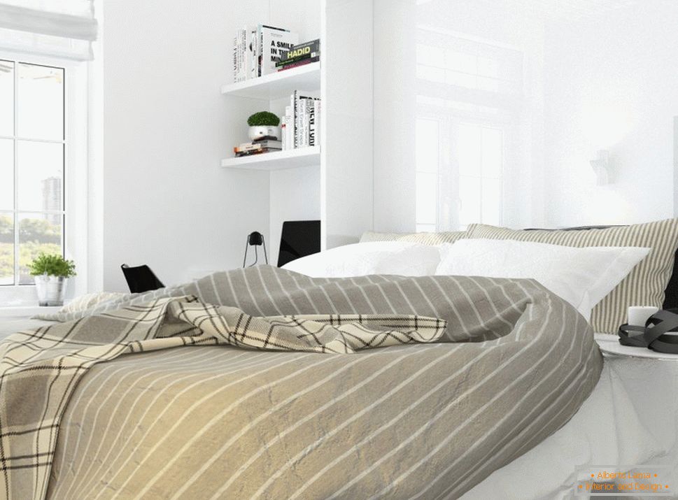 Diseño interior de un dormitorio en el estilo del minimalismo blanco