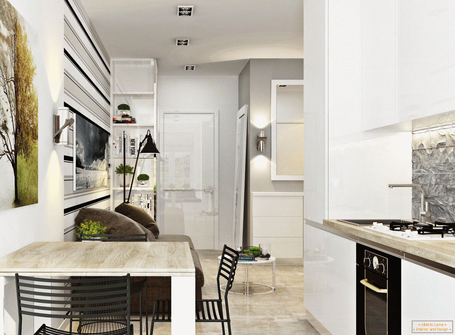 Interior de la cocina y el comedor en el estilo del minimalismo blanco