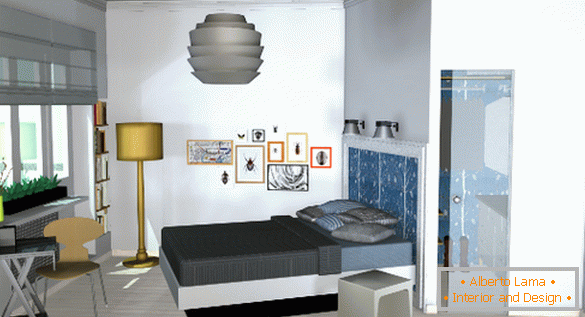 Interior de un pequeño apartamento: un dormitorio con un vestidor