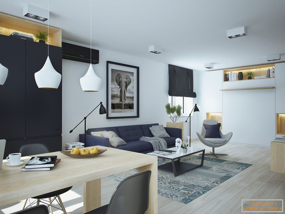 Interior de un pequeño departamento en colores contrastantes - гостиная