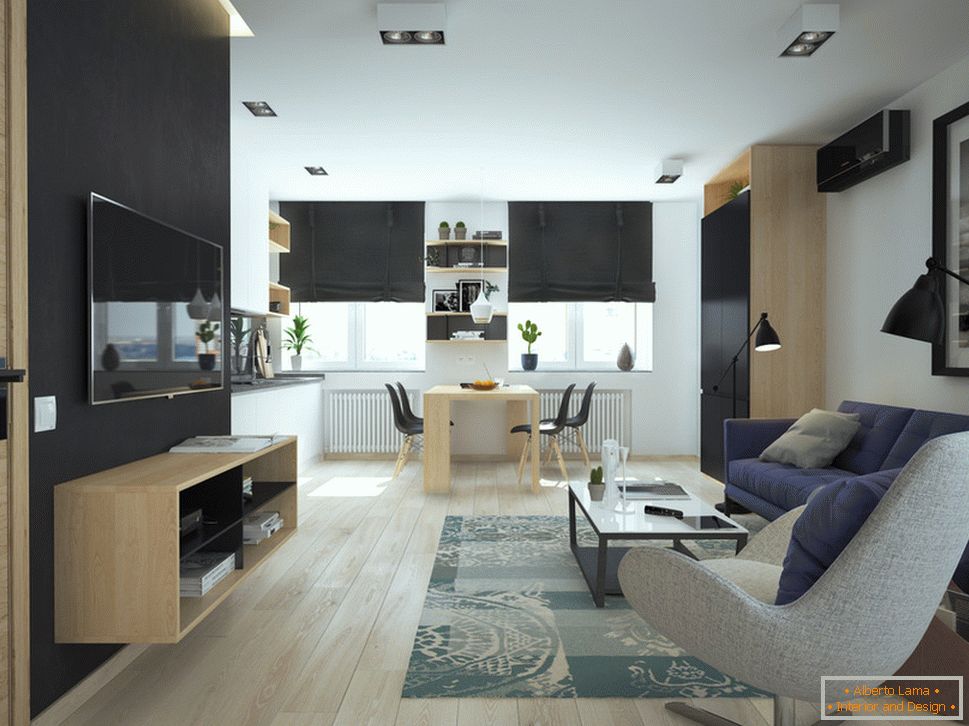 Interior de un pequeño departamento en colores contrastantes - гостиная и столовая