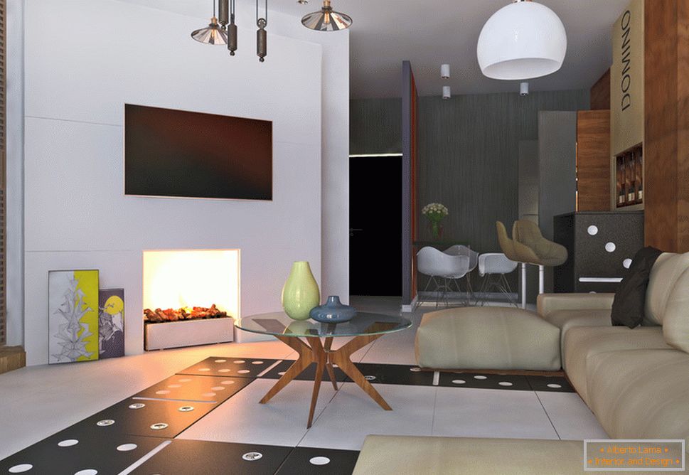 Interior de un pequeño apartamento en colores brillantes - гостиная с камином