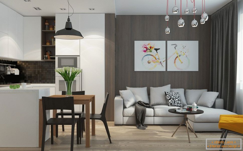 Interior de un pequeño apartamento en tonos grises - гостиная и кухня