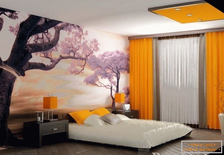 Fondos de pantalla con sakura y cortinas naranjas en el dormitorio