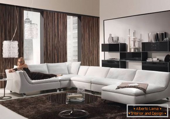 Diseño de la sala de estar y cortinas en estilo de alta tecnología