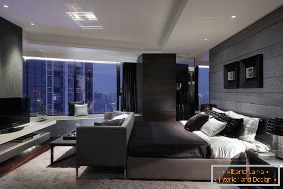 Dormitorio gris en estilo de alta tecnología