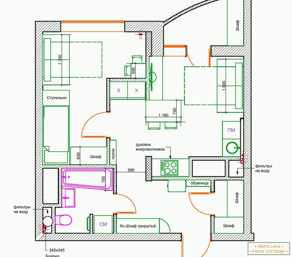 El diseño del apartamento es menos de 50 m2