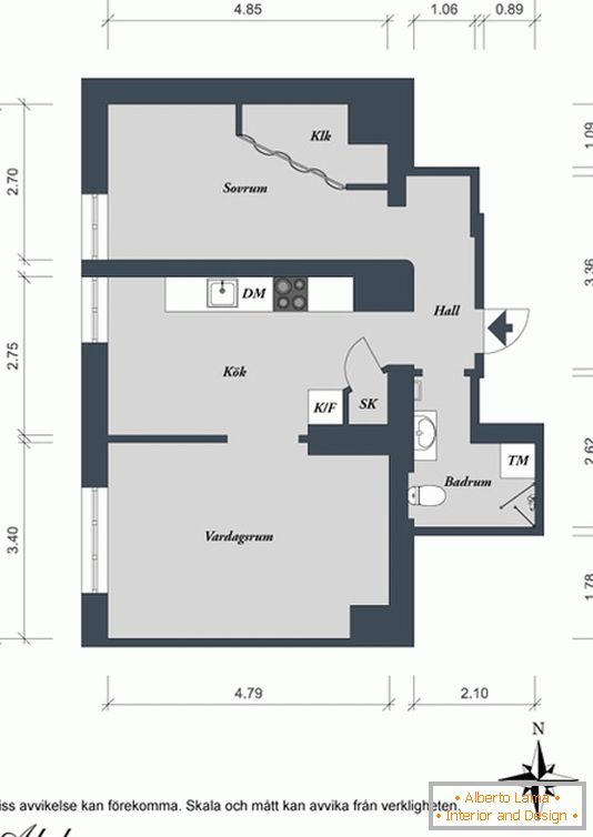 Plan de un apartamento de una habitación en Suecia