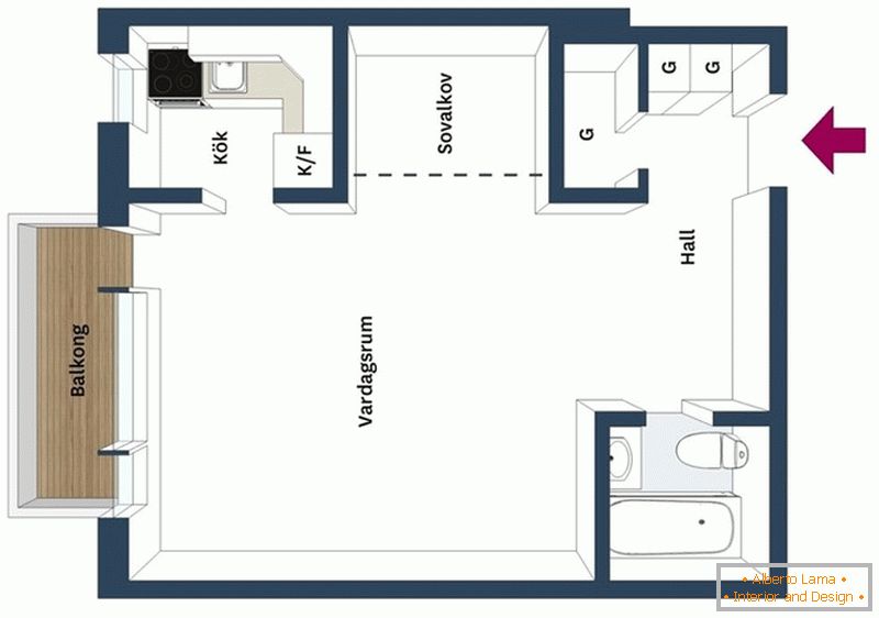 El diseño de un apartamento tipo estudio con un dormitorio debajo del techo